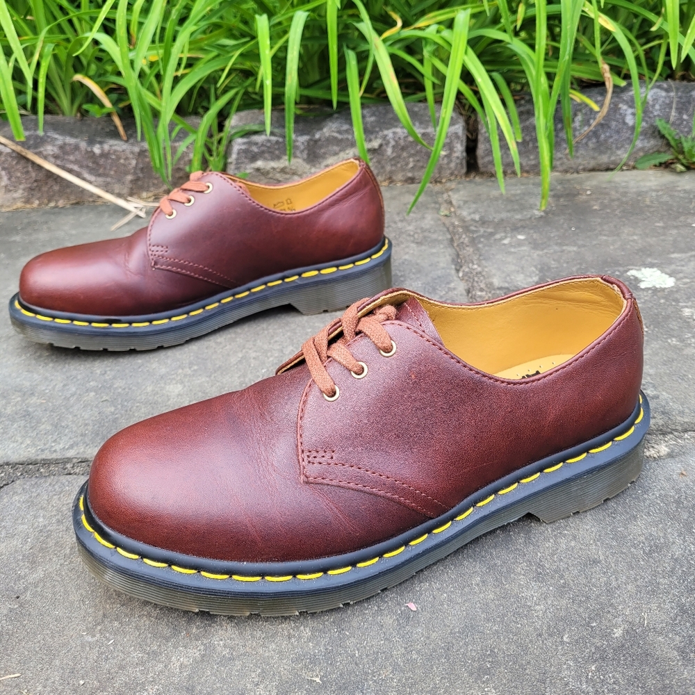 Dr. Martens Brown Leather 3-Eye Oxford Shoes with Yellow Stitching